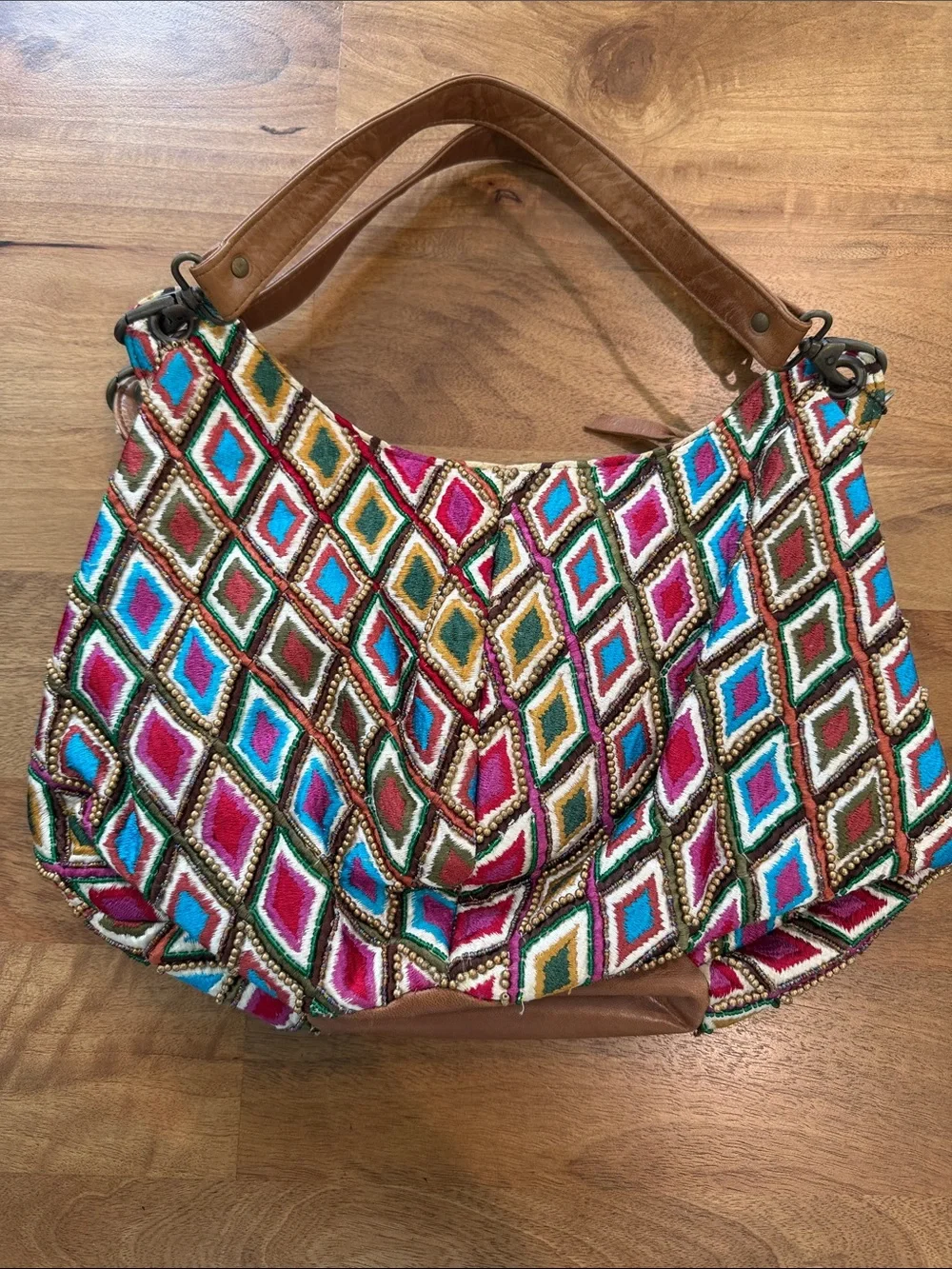 Mary Frances by Anthrolopogie Multicolor Embroidered Shoulder Bag w/ Tan Handles